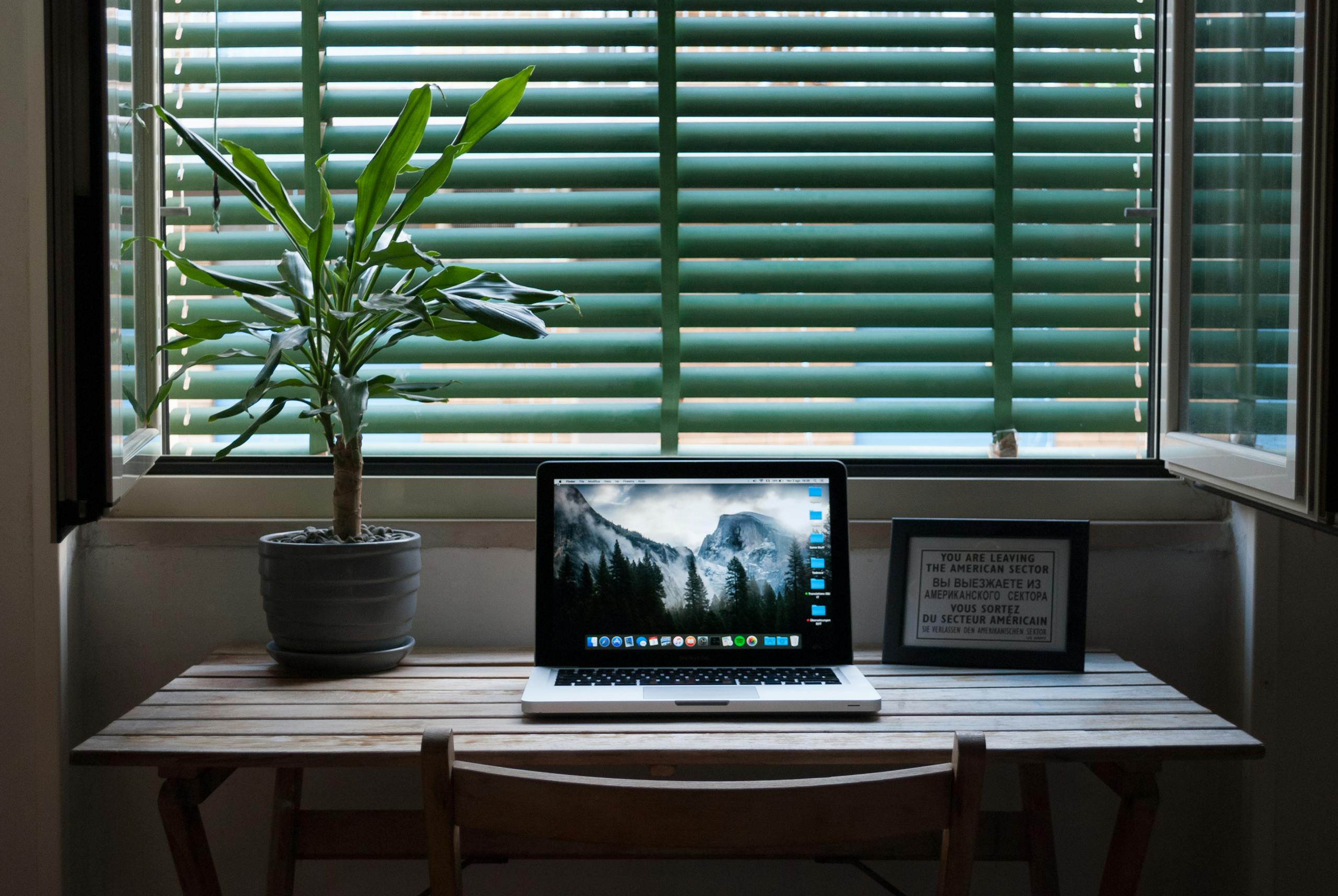 Elegant home office desk setup with a laptop and a plant near a window. Ideal for remote work.